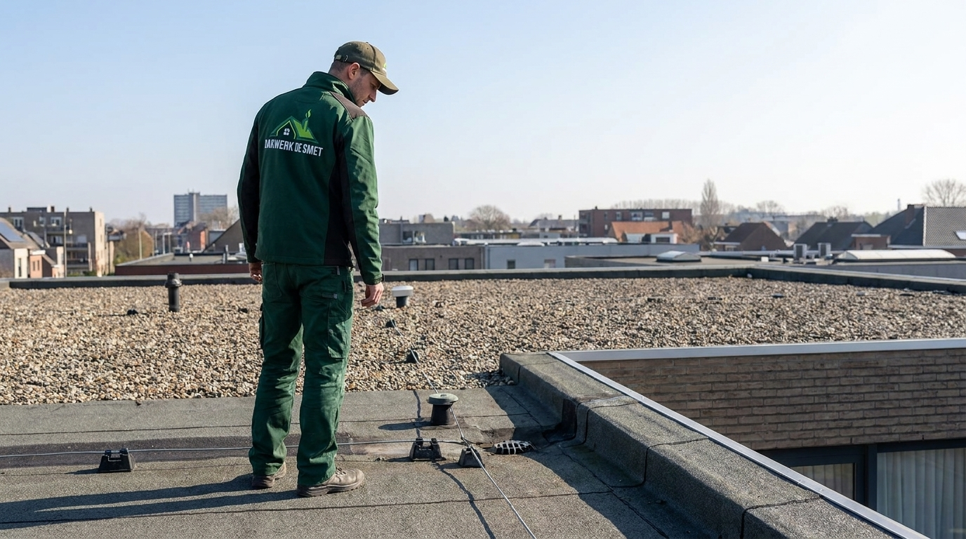 Dakwerker inspecteert plat dak voor renovatie