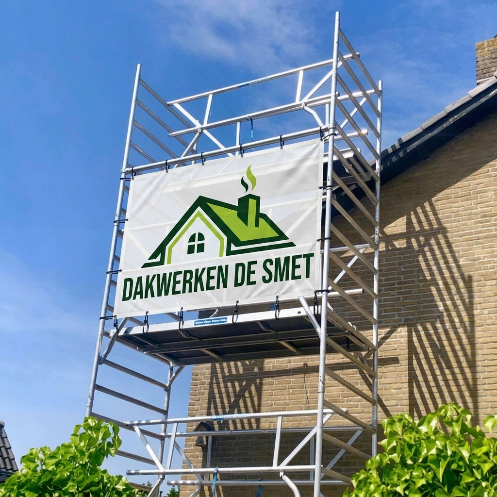 Steiger met Dakwerk De Smet banner bij een woning